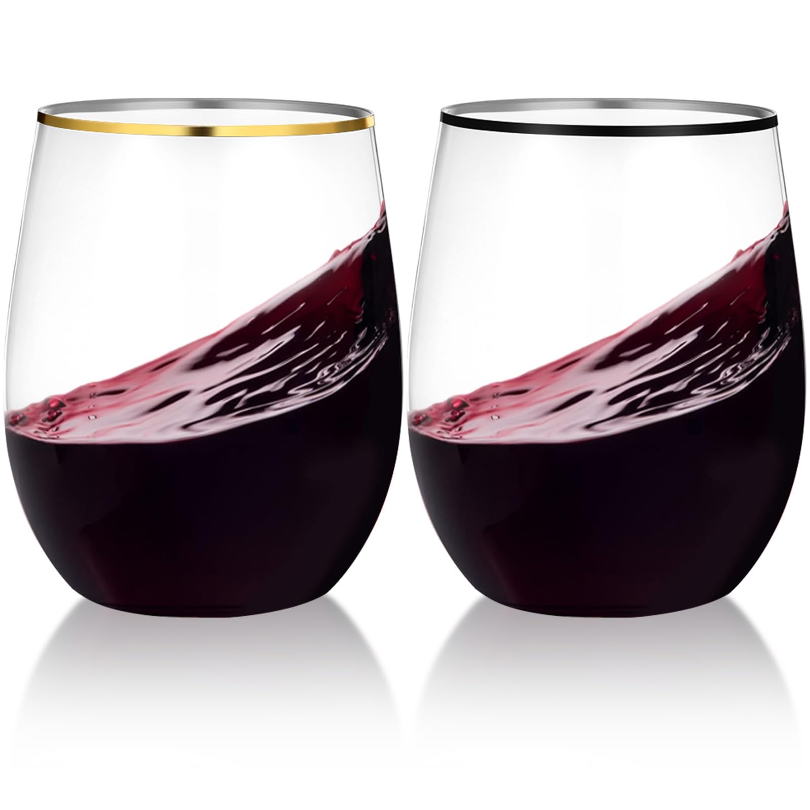Photo 1 of Baderke 24 Pack 12 oz Black Gold Rimmed Wine Glasses Stemless Hard Plastic Clear Disposable Wine Cups Drinking Cups Champagne Glasses for Party Weddings Engagement Cocktails Whiskey(Black,Gold)