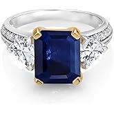 Gem Stone King 925 Sterling Silver and 10K Yellow Gold Blue Sapphire and White Moissanite 3 Stone Engagement Ring For Women (4.58 Cttw, Emerald Cut 10X8MM)