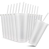 Amyhill 12 Pcs Reusable Glitter Cups with Lids and Straws 24 oz Plastic Tumbler Iced Coffee Cup Travel Mug for Smoothie Juice Birthday Sleepover Party Supplies for Valentine Girl(Clear)