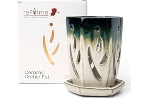 rePotme 4 x 6 inch Ceramic Orchid Pot (Evergreen Emerald Over Cream) - Hexagon Orchid Pot with Holes