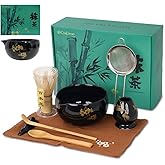 CyaLivoo Matcha Whisk Set, 8 Pcs Gold Plum Blossom Matcha Kit for Japanese Tea Ceremony, Ceramic Bowl with Spout, Bamboo Whisk, Spoon, Scoop, Sifter, Towel, Gift for Beginners and Matcha Lovers(Black)