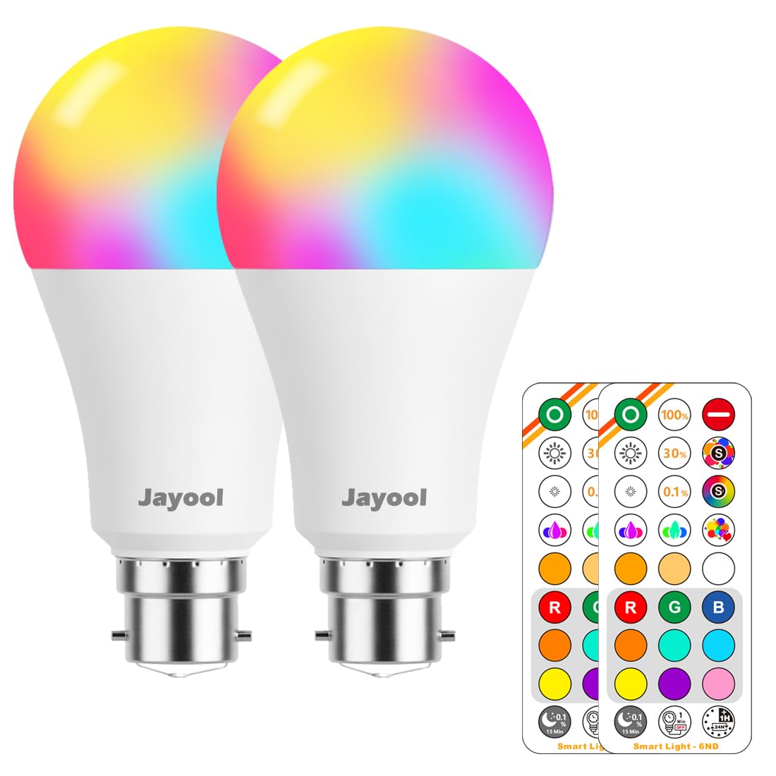 Jayool 12W B22 LED Colour Changing Light Bulb, Bayonet CCT Warm White to Cool White Dimmable, RGB Coloured with Remote Control, Sleeping Mode, Timing(2 Pack)