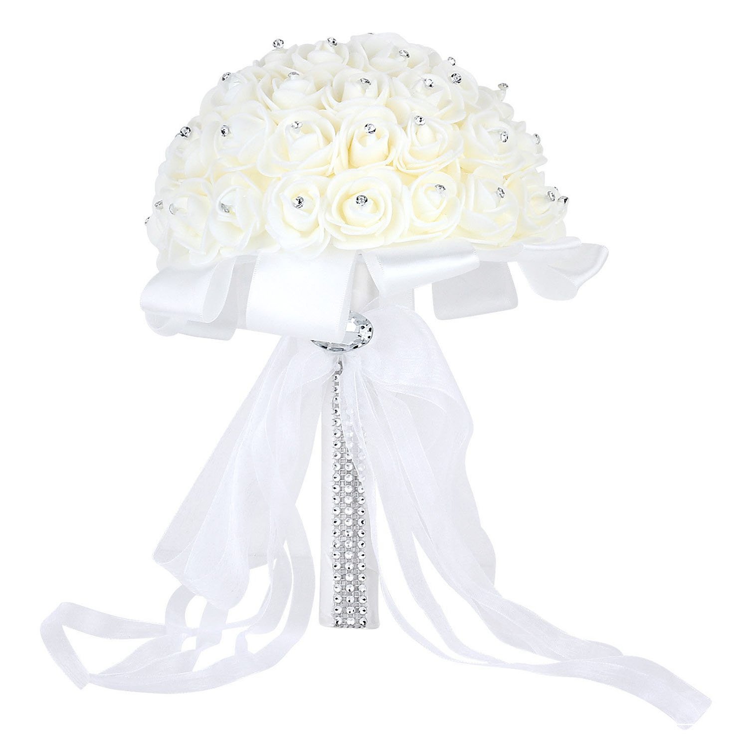 Wedding Bouquet Artificial Rose Bouquets Beautiful Bridal Bridesmaid Flower Crystal Rhinestone Artificial Silk Flowers White