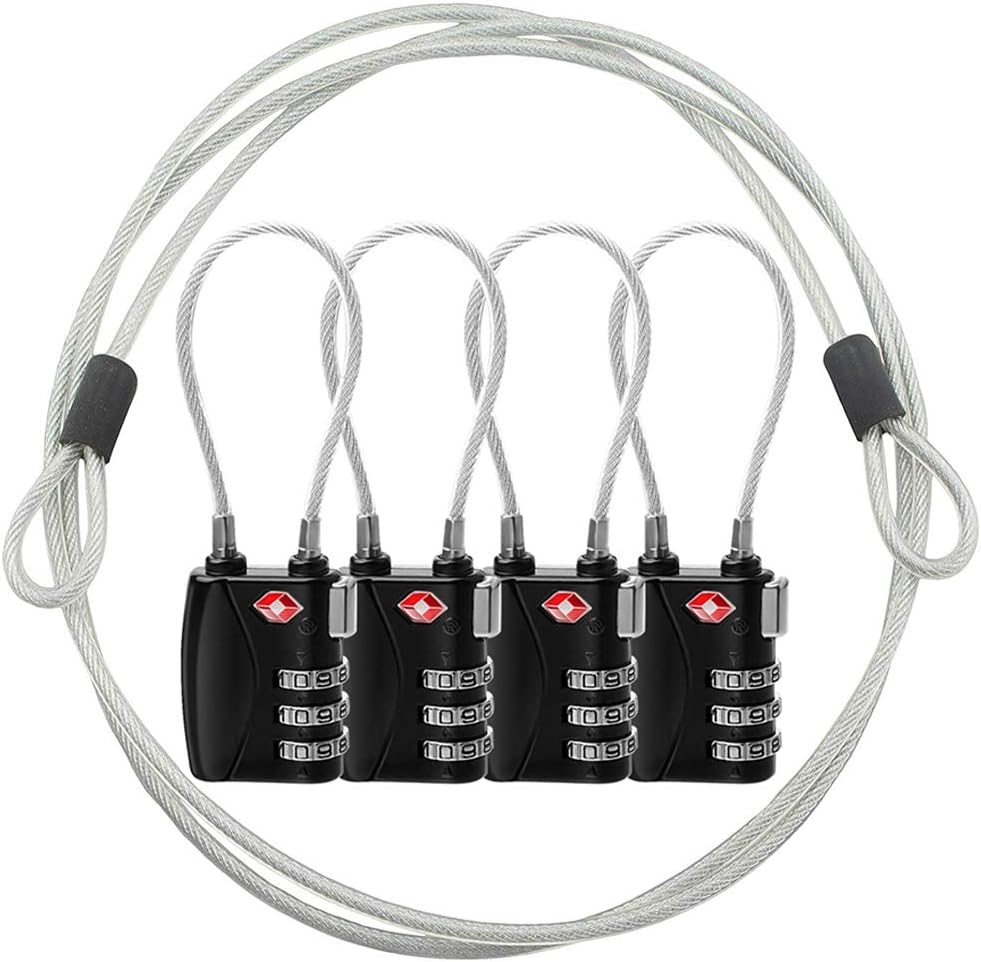 TSA Luggage Locks (4 Pack), YSSHUI 4 Foot Steel Cable Combination