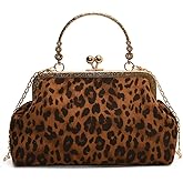 Small Leopard Suede Evening Clutch Purse with Chain Cheetah Print Kiss Lock Evening Tote Handbag and Purse Clutch Bag
