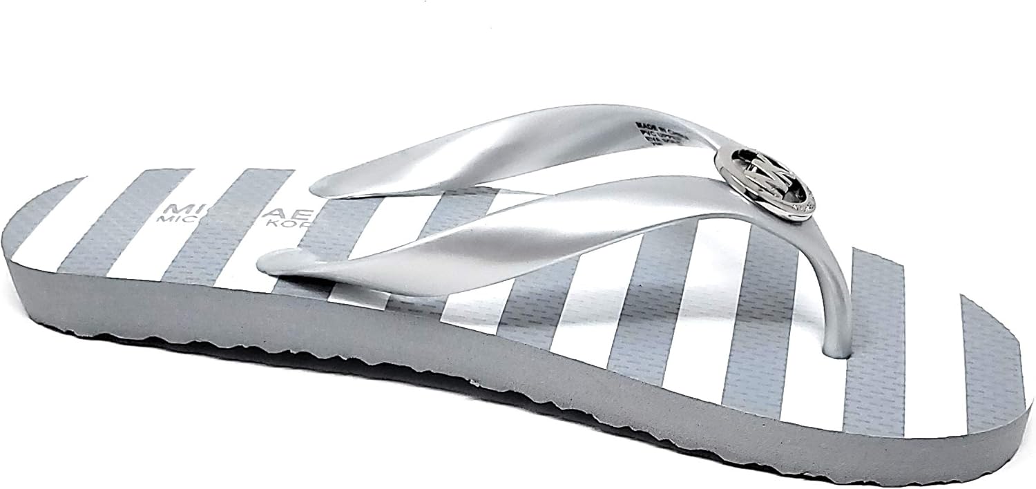Michael Kors MK Silver Stripe PVC Flip Flop, Size 7 Flip