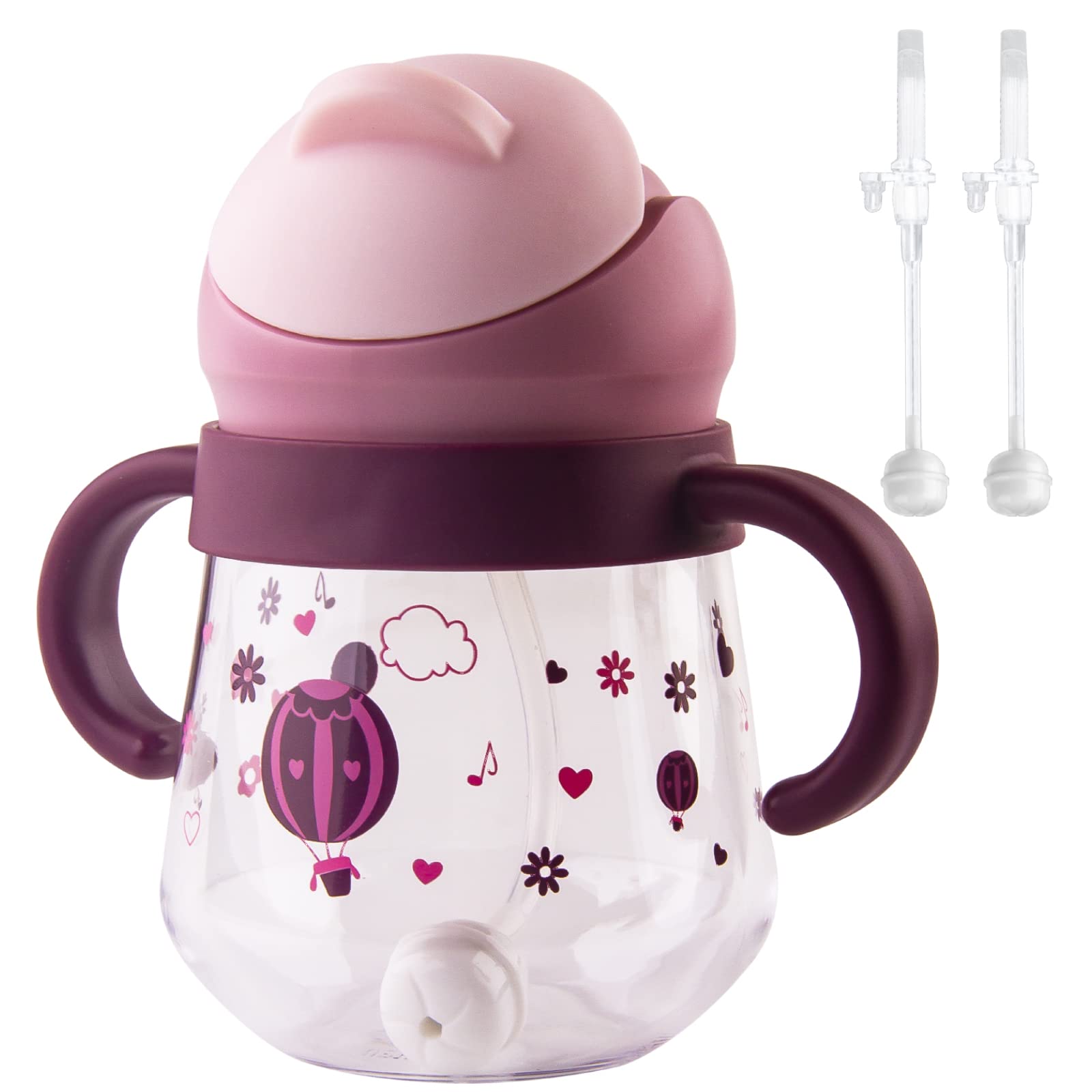 Sippy Cup for Baby 6+, Weighted Straw Non-Spill Cup with Handles, Leak-Proof, 260ml, BPA Free (Purple with 2 Straws)