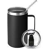 Volhoply 24oz Insulated Coffee Mug with Lid and Straw, Stainless Steel Travel Mugs with Handle, Double Wall Vacuum Leak Proof Coffee Tumbler Cup (Black,1)