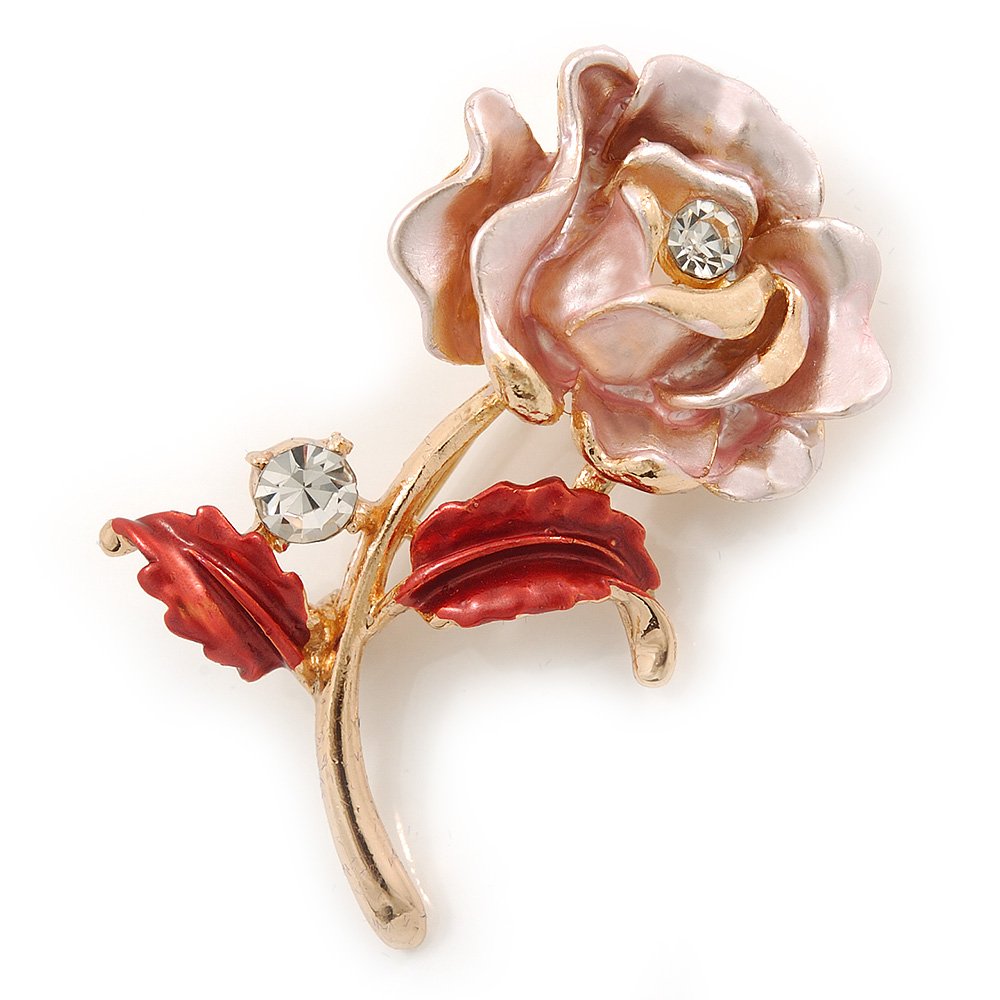Romantic Pink/Coral Crystal Rose Flower Brooch In Gold Plating - 52mm L