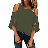 LookbookStore Women's Cold Shoulder Loose Shirt Tops 3/4 Bell Mesh Sleeve Blouse