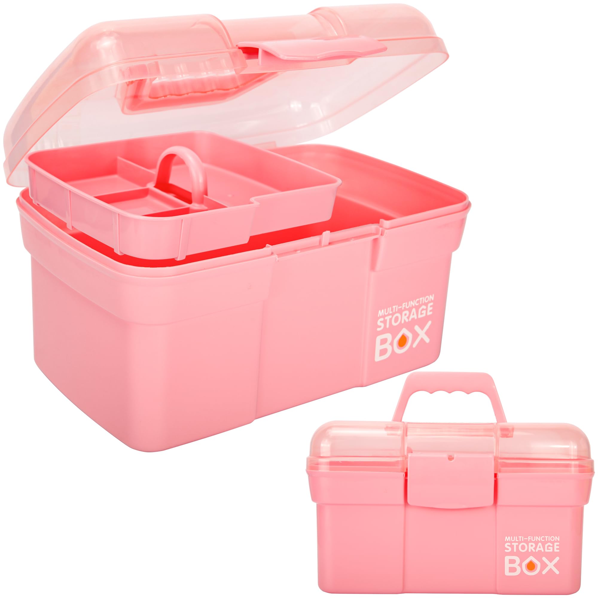Creahaus 11in Multipurpose Storage Box with Removable Tray, Plastic Small Storage Box with Handle, Portable Art Craft Organizer Case for Sewing, Makeup, Medicine, Nail, Hair Accessories (Pink)