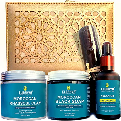 Luxury Skin Care Set – Moroccan Essential Hammam Kit, Bath and Body Home Spa Gift Basket, Include Pure Argan Oil, Moroccan Black Soap, Rhassoul Clay Mask, Exfoliating Mitt, Perfect Gift Idea for Women