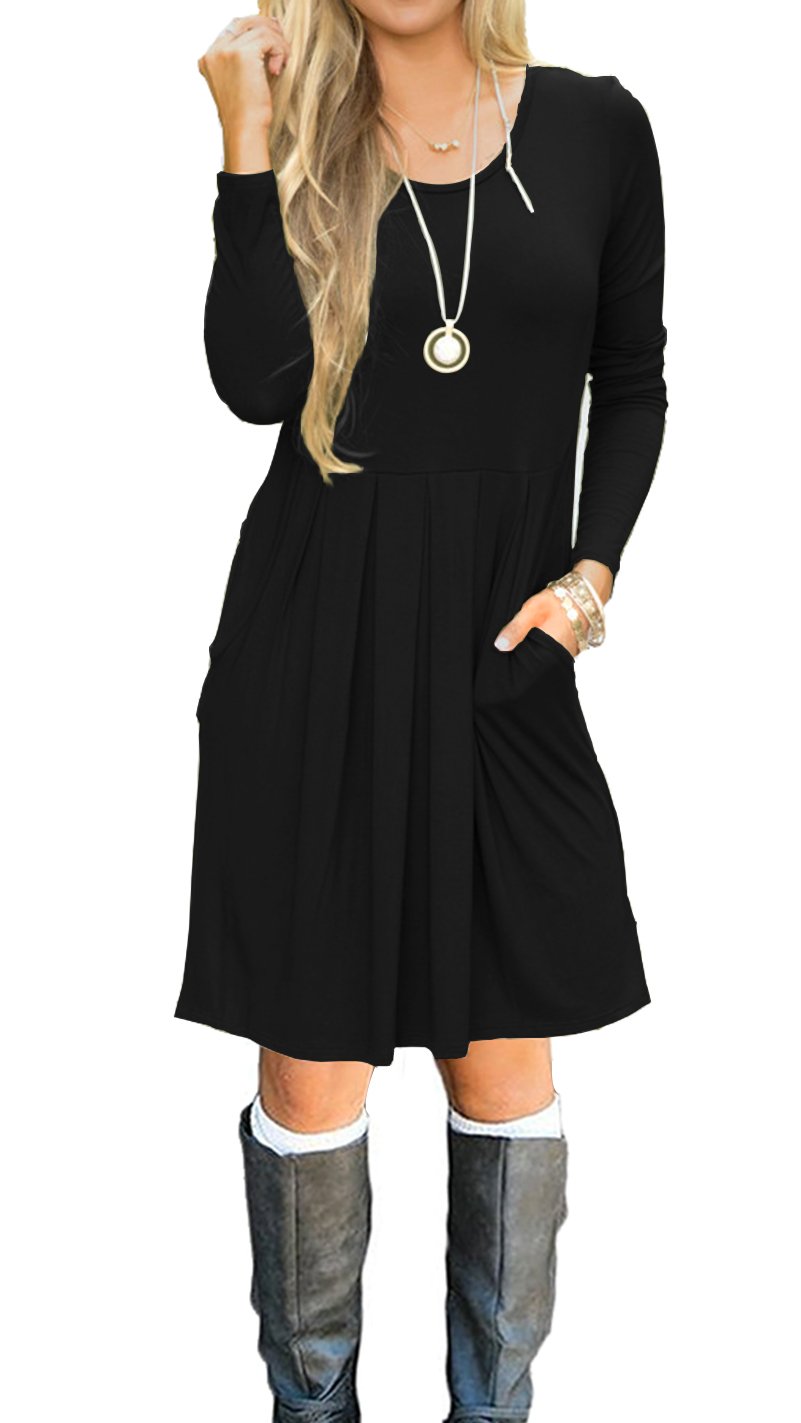 AUSELILY Women's Long Sleeve Pleated Loose Swing Casual Dress with