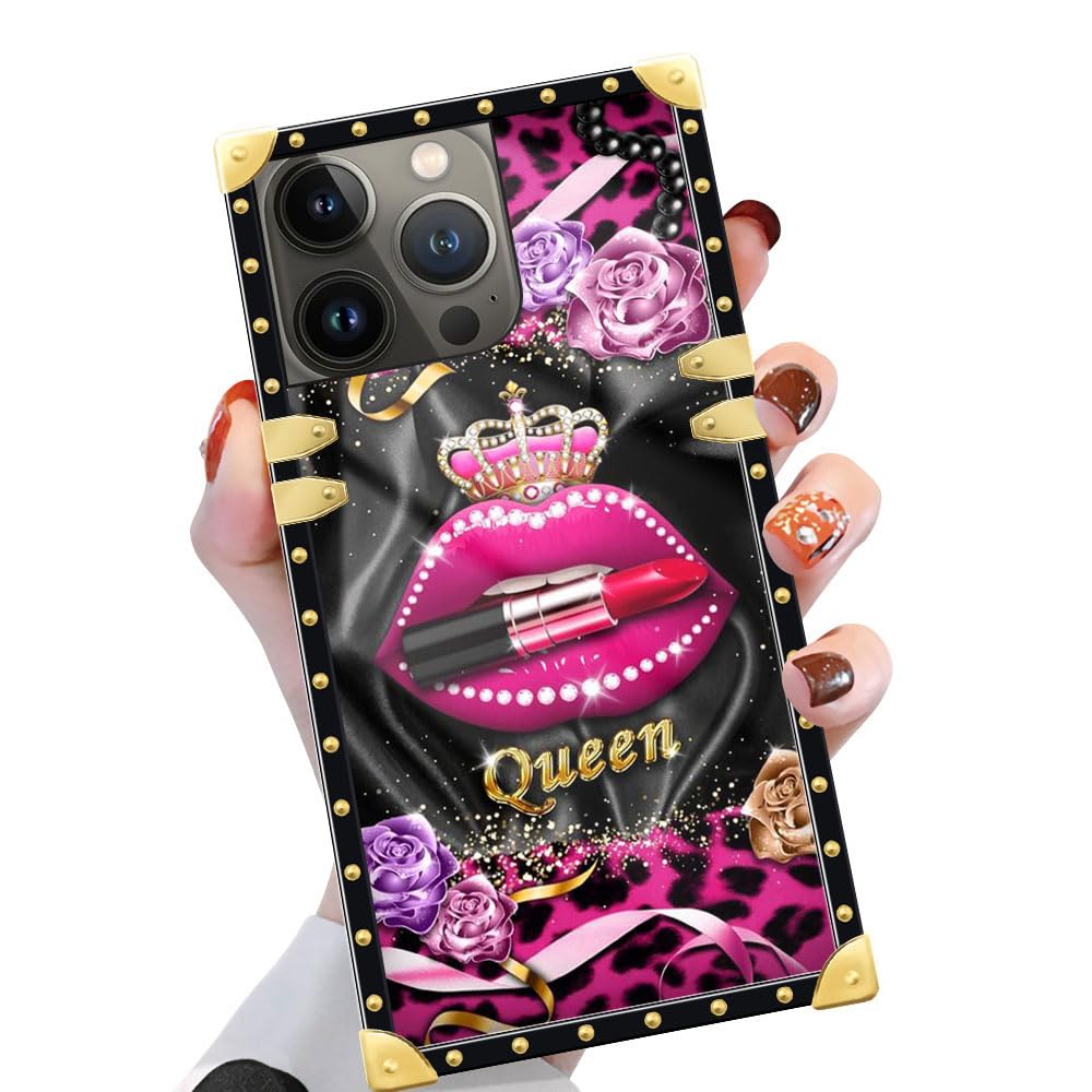 Yuning419 Case Compatible with iPhone 15 Pro Case,Luxury Soft TPU & Hard PC Back for Girls Women,Shockproof Protective Cover,Crown Leopard Lips iPhone