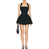 LuFeng Women's Summer Square Neck Halter Dress Sleeveless Backless Swing A-Line Ruffled Hem Flowy Short Mini Dress