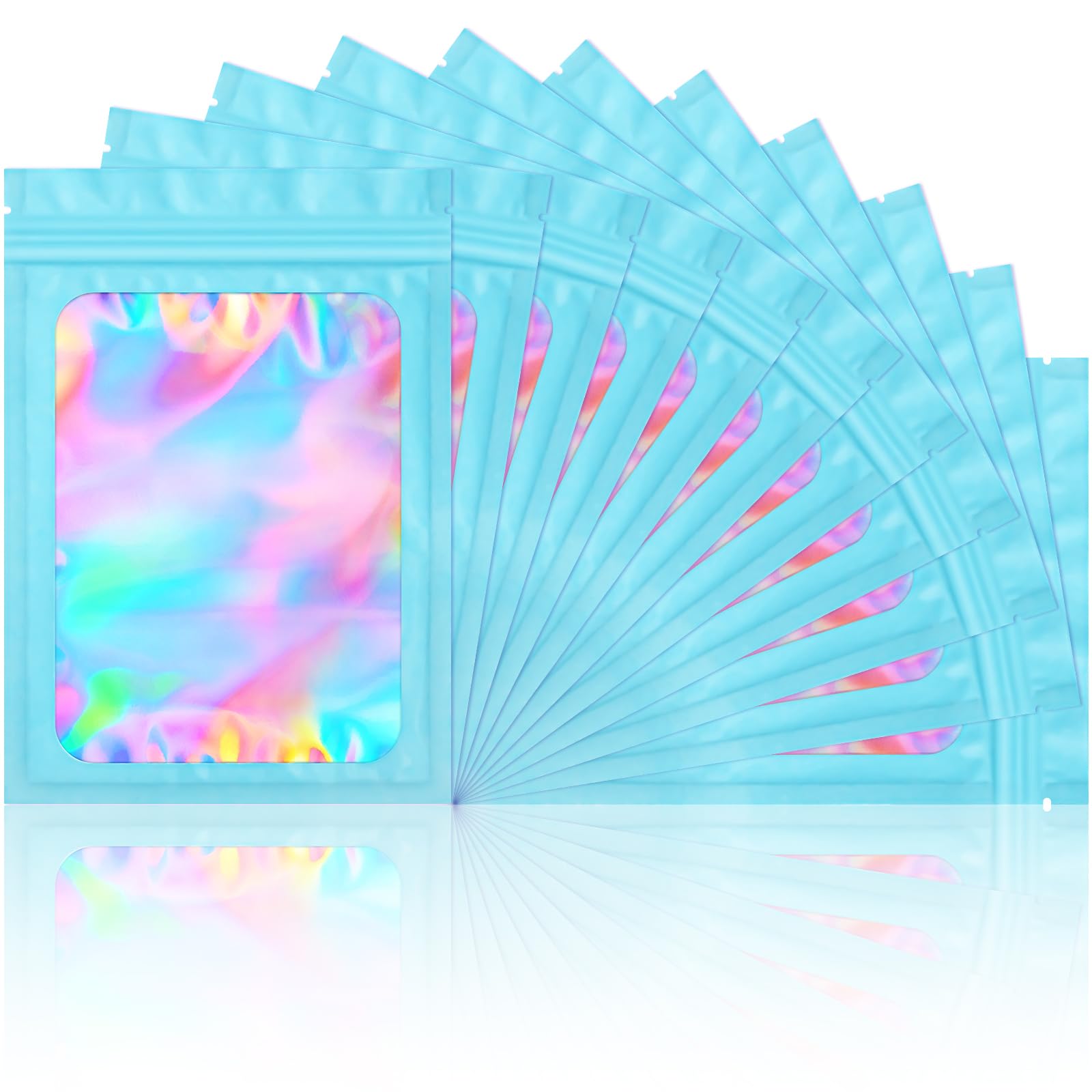 Photo 1 of 100 Pieces Smell Proof Mylar Bags- Resealable Holographic Packaging Pouch Bag with Clear Window for Food Storage Eyelash Jewelry Electronics Storage (Blue, 2.8 x 4 Inch)