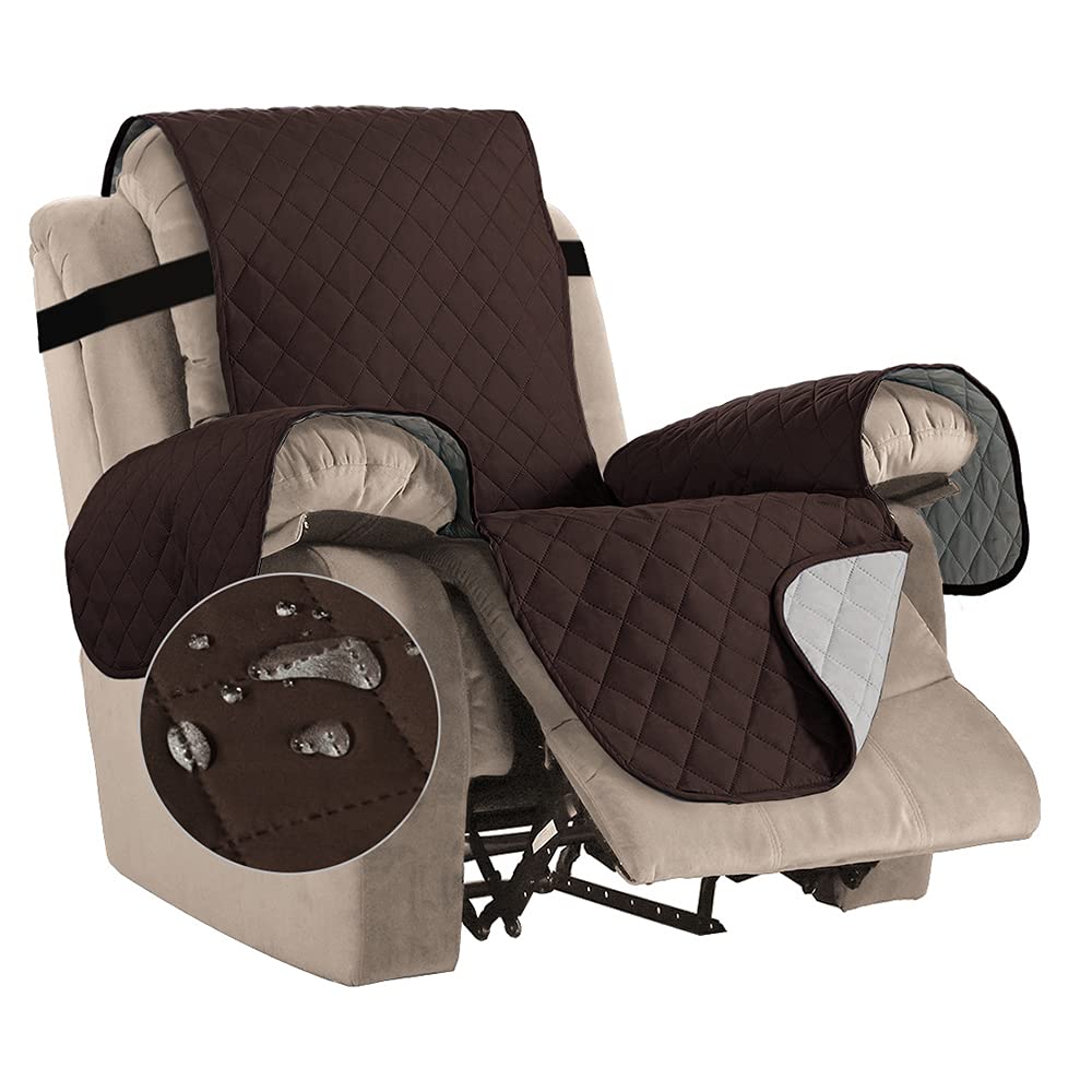 Bestenrose Waterproof Recliner Chair Covers for Armchairs Recliner Covers with Adjustable Elastic Straps Washable Quilted Sofa Slipcovers Sofa Protectors for Kids and Pets (Recliner, Brown)