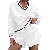 Fisoew Womens 2 Piece Outfits Long Sleeve V Neck Sweatshirt High Waist Running Shorts Sets Loose Fall Workout Tracksuits