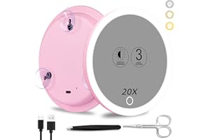 SUUPVAOR Magnifying Mirror with Light 20x, 3 Color Modes Dimming Large 6'' Lighted 20x Magnified Mirror with Suction Cups, Travel Magnifying Mirror 20x High Magnification Makeup Mirror with Tweezers & Scissors