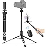 KraftGeek Vlogging Tripod for Phone and Camera, 60" Tripod Stand for iPhone and Android with 3 Cold Shoes for Light and Microphone (Both are not Included), Selfie Stick with Remote for Video Recording