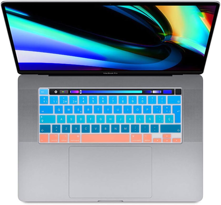 MMDW Spanish Language ESP Silicone Keyboard Cover Skin for MacBook Pro 16 2019 A2141 for MacBook New Pro 13.3 inch A2338 M1/A2251/A2289 with Touch Bar & Touch ID European Version(Ombre aqua) - Image 4