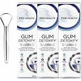 Pro-Health Gum Detoxify Ultra Toothpaste with Gentle Whitening 4.7 oz (Pack of 3) Gum and Enamel Protection Bundle with Stainless Steel Tongue Cleaner Pro