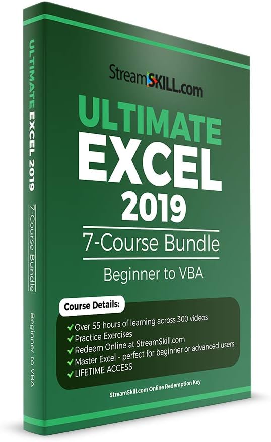 Excel 2019 Course by Stream Skill. Excel Tutorial Covering Beginner, Advanced and VBA: 7 Course Bundle (Online Key)