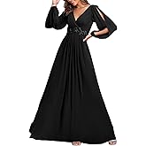 Ever-Pretty Women's V Neck Long Sleeves Floor Length Ruched Chiffon A-Line Formal Evening Dress Mother of Bride Dresses 00461