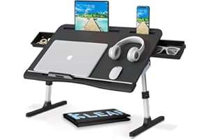 Laptop Desk for Bed, Lap Desks Trays with Double Storage Drawers, Adjustable Premium Leather Laptop Stand with Extra Drawstri