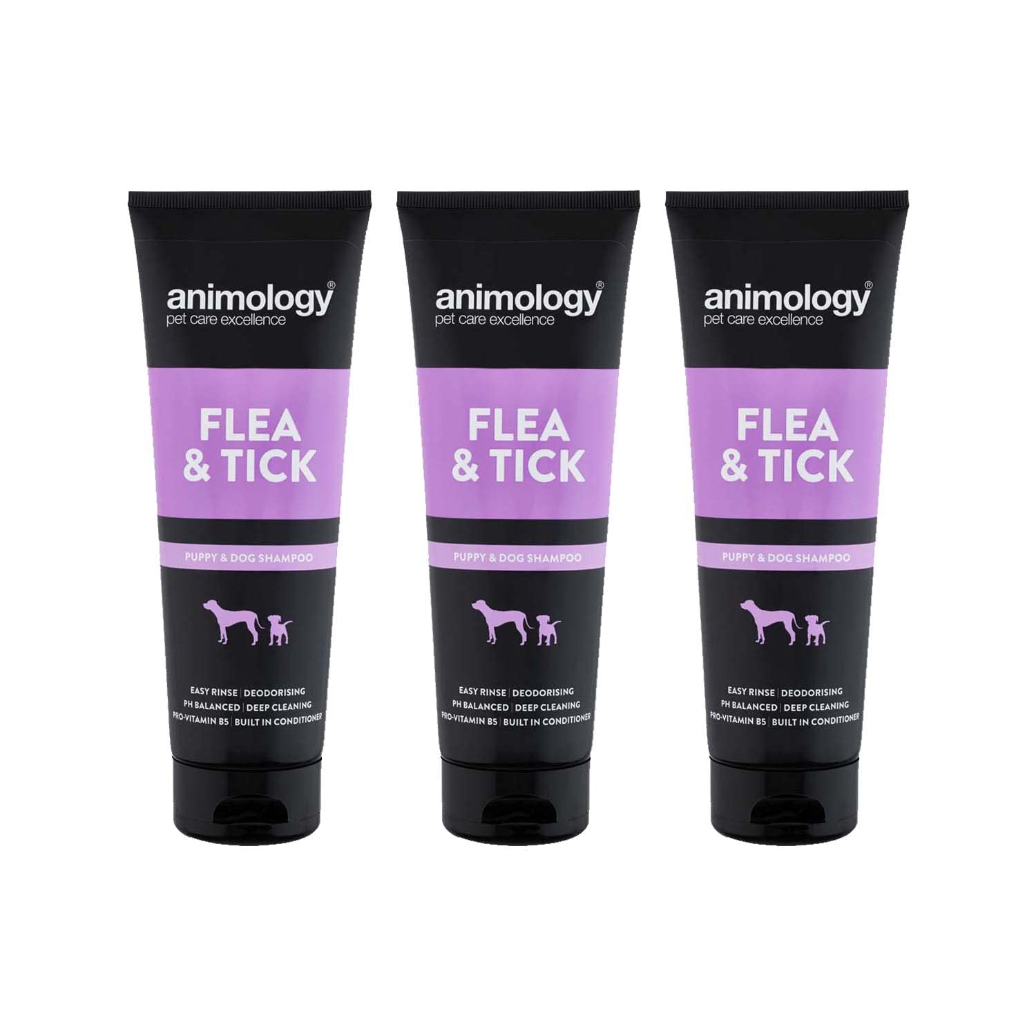 Animology Flea and Tick Shampoo For Puppies and Dogs | Medicated Tea Tree Scent | Built In Conditioner | Added Pro-Vitamin B5 | PH Balanced | Soothes Irritated Bitten skin | 250ml 3 Pack