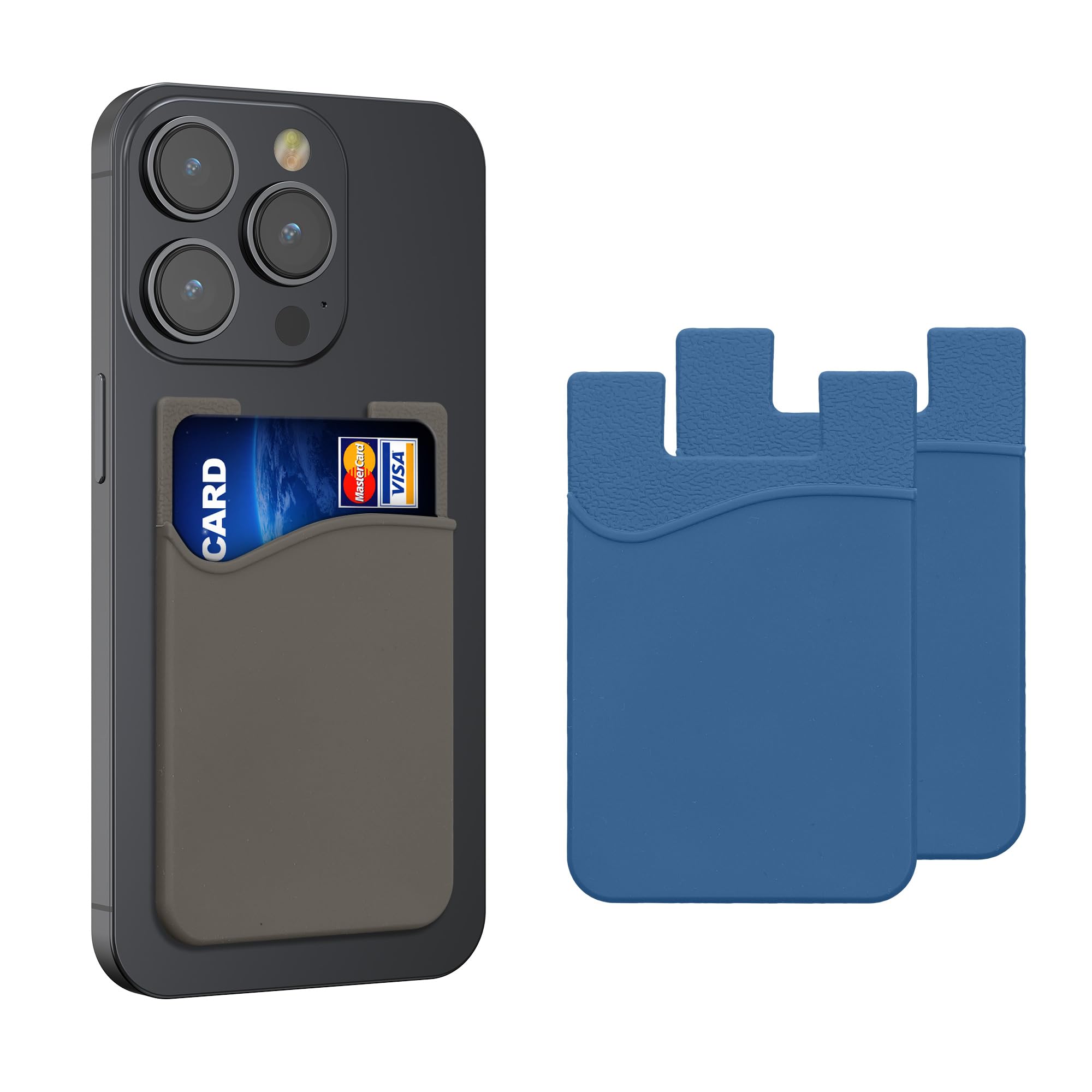 kwmobile Stick-On Card Holder for Phone (Set of 3) - Silicone Wallet Card Holders - Sticks on to Cell Phone Back or Case - Navy Blue/Navy Blue/Grey