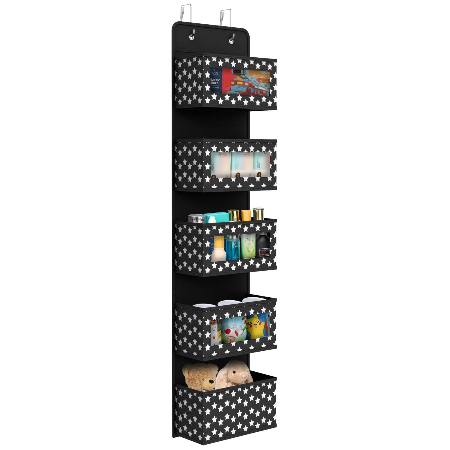 Vinsani Over The Door Hanging Organiser Space Saving Storage Solution 5 Tier Caddy With Clear Window and Steel Hooks Hanger For Bathroom Nursery Bedroom Toys Unisex – Black