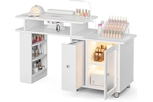 Paddie Manicure Table Nail Desk with LED Lamp & Light, Glass Cabinet Door Nail Table Station w/Dust Collector, Charging Station, Removable Acrylic Container, Cabinet and Drawer(White-New)