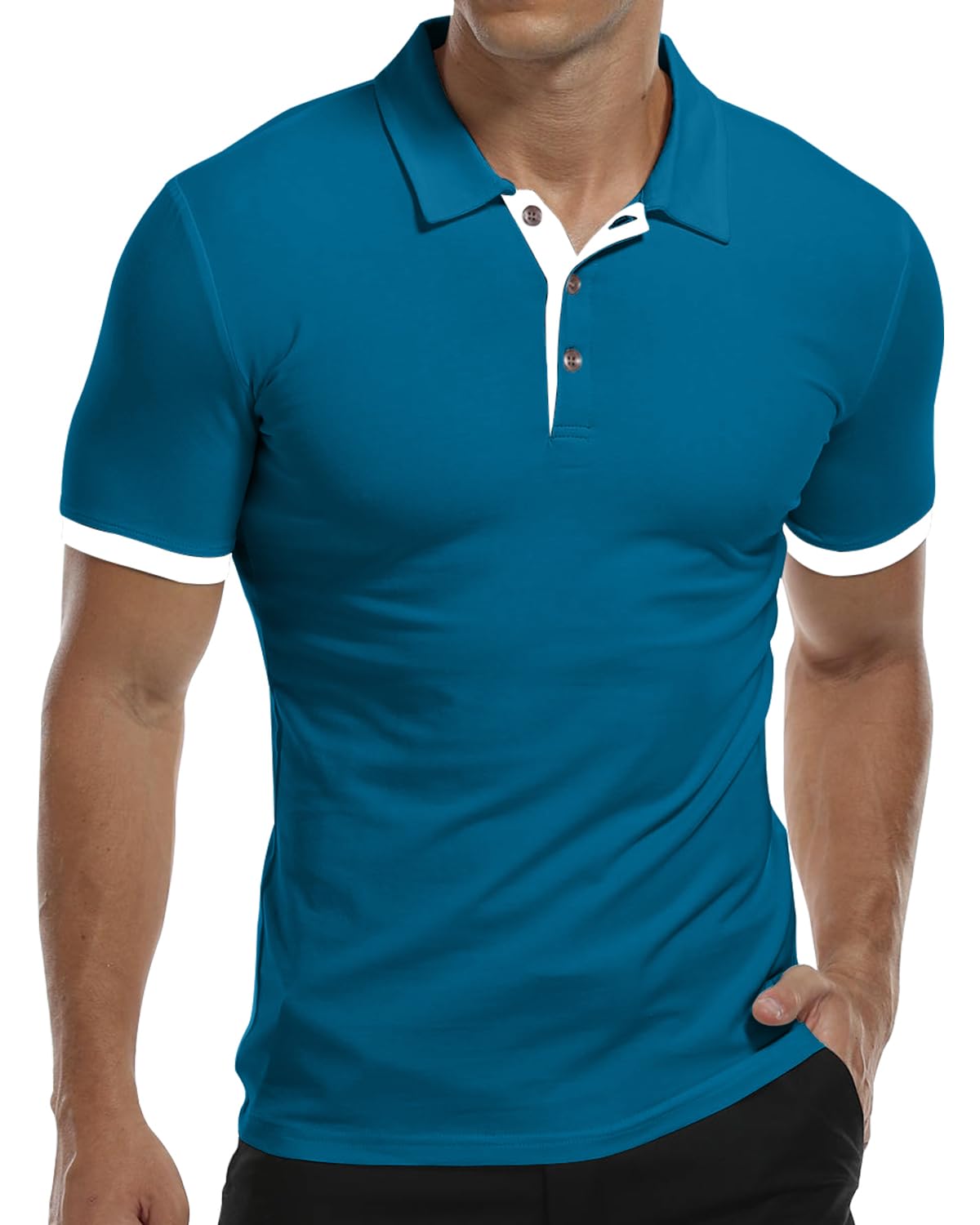 KUYIGO Hemd Herren Kurzarm Einfarbig Slim Fit Casual T-Shirts L Deep Teal 3