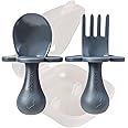 Grabease Toddler Spoon & Fork - First Stage Baby Spoons for Self Feeding from 4+ Months - BPA-Free & Phthalate-Free Baby Utensils & Silverware - 1 Set, Gray - Silverware Set - 1 Year Old Utensils