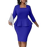 Runwind Plus Size Dress for Curvy Women Midi Church Wear to Work Bodycon Vintage Peplum 3/4 Sleeve Sheath Pencil Dress