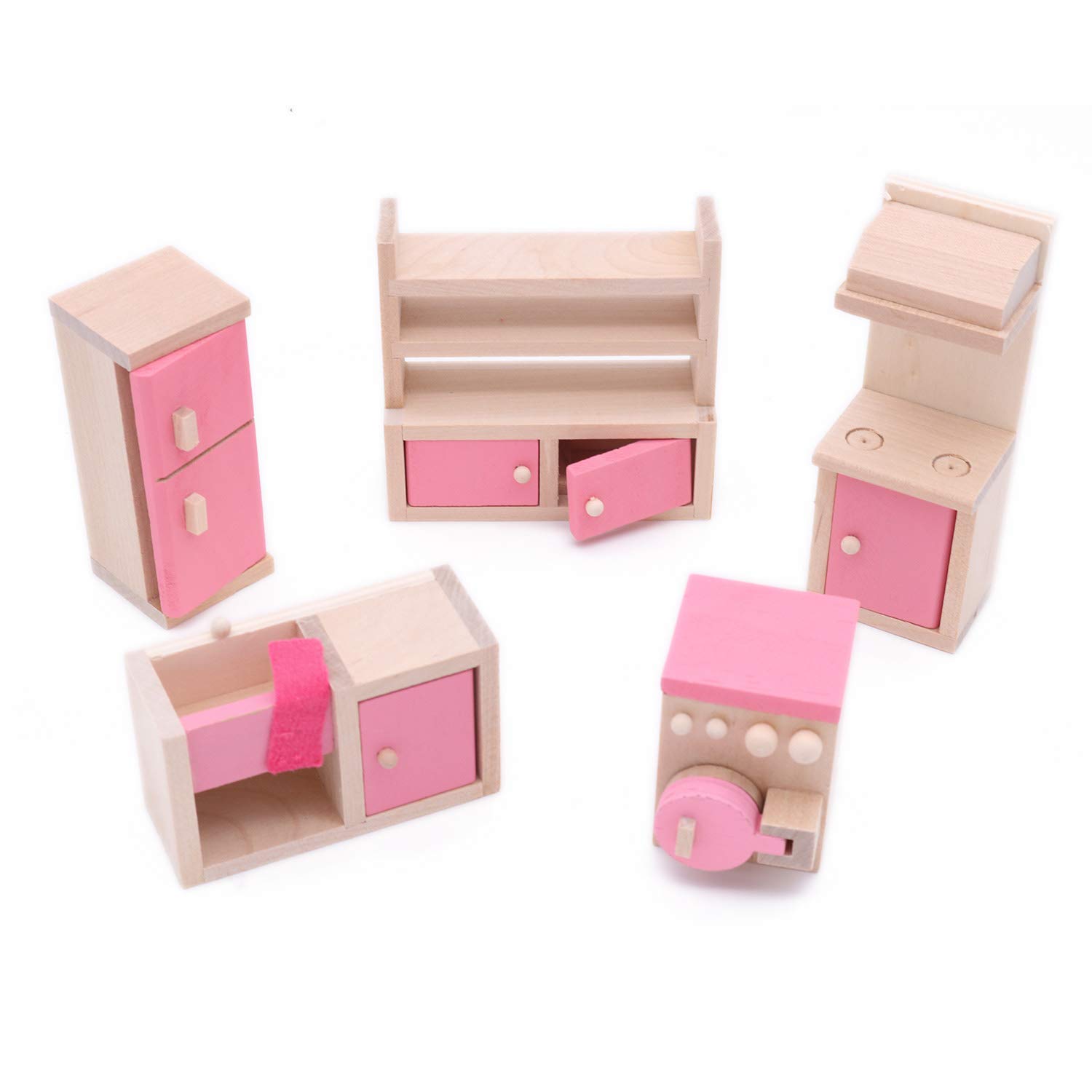 POFET Wooden Doll House Furniture Set Toy for Baby Kids Children Fridge Sink Cupboard Stove Washing Machine Kitchen Room
