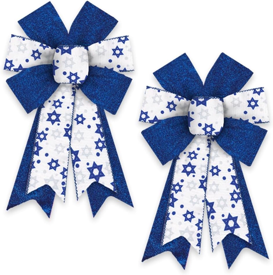 Bows & Ribbons - 2 PCS Hanukkah Wreath Bows Chanukah Star of David Royal Blue White Ribbon Bows for Wreath, Medium Tree Topper Bows for Jewish New Year Party Home Indoor Outdoor Decoration Wreath Ornament Supplies
