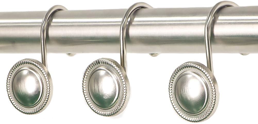 TENOVEL Never Rust Luxury Hotel Quality Zinc Alloy Decorative Rolling Round Shower Hooks, Rustproof Shower Curtain Rings, Glide Shower Curtain Hooks for Shower Liner, Brushed Nickel, Set of 12 Hooks