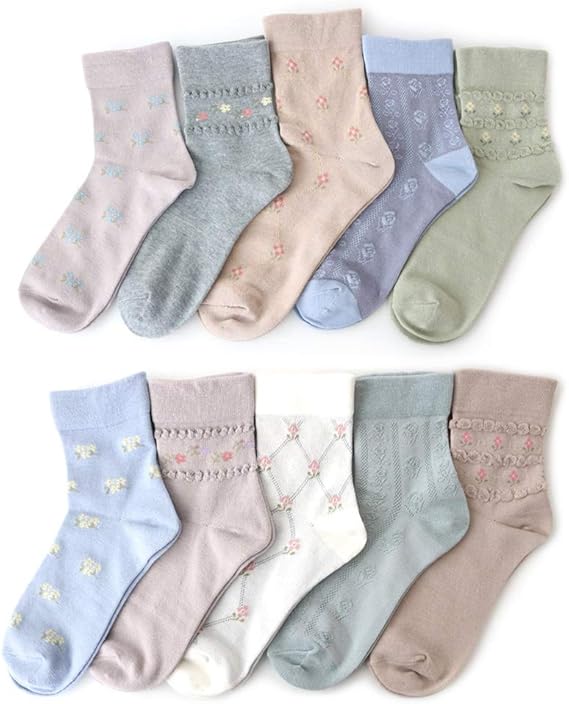 Amazon 靴下 レディース 口ゴムなし 透かし編み アースカラー 花柄 クルー丈 ソックス 10足セット 22 24cm 靴下 通販