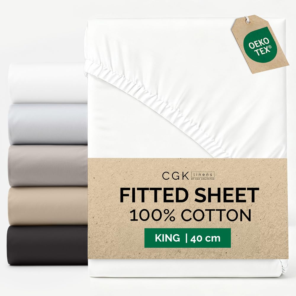 King Fitted Sheet 150x200 cm - 100% Cotton Sateen 400 Thread Count - Extra Deep Fitted Sheet for Mattresses up to 40 cm (16") - Soft, Breathable, Wrinkle Free - OEKO-TEX Certified - White
