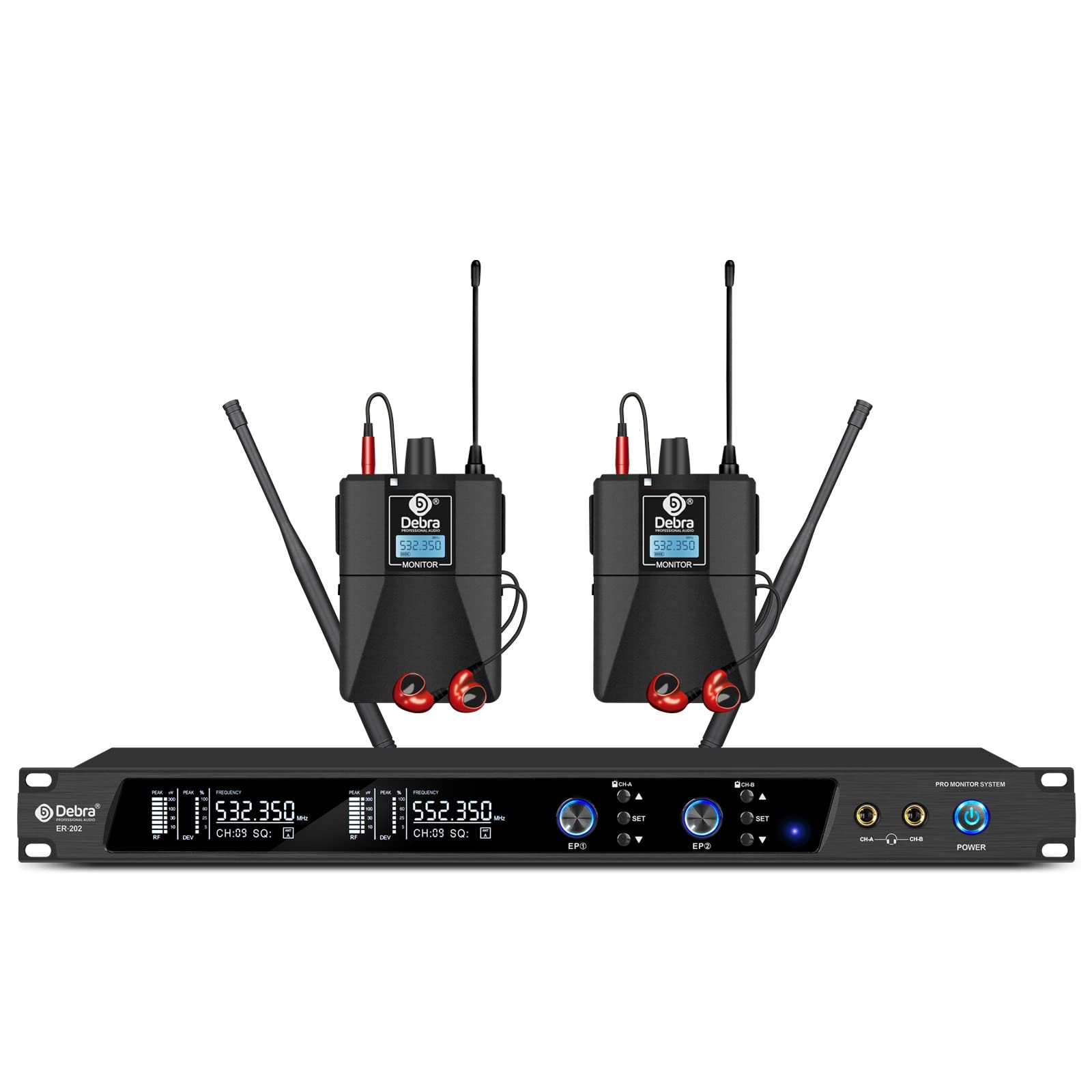 D Debra Audio PRO ER-202 UHF Dual Channel Wireless In Ear Monitor System With Transmitter and Receiver for Stage, Recording Studio, Musicians, Monitoring (2 Bodypack with Transmitter)