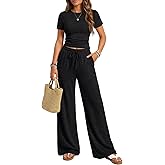 Trendy Queen Womens 2 Piece Lounge Matching Sets Wide Leg Pants Crew Neck Short Sleeve Shirt Sweatsuits
