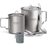 VQORAHUIX Titanium Mug Camping Pot Titanium Cup 420ml &amp; 750ml Titanium Pot with Lid, Spork, Bag Lightweight Titanium Camping Pot for Backpacking Hiking Picnic and Traveling