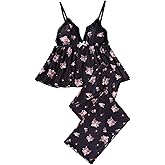 BEAUDRM Women's 2 Piece Pajama Sets Floral V Neck Ruffle Cami Top and Pants Lounge Set