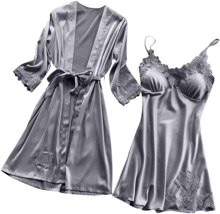 YOMXL 2 Piece Sleepwear Kimono Set - Women's Robe Nightgown Sexy Silk Satin Camisole Pajama Dress Lingerie Cover Up Cardigan