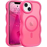 Pepmune for iPhone 13/14 Case, Curly Wave Frame Hard Translucent Clear Back Cover for Women Men Compatible with Magsafe Stylish TPU Shockproof Drop Protection Phone Case for iPhone 14/13, Hot Pink