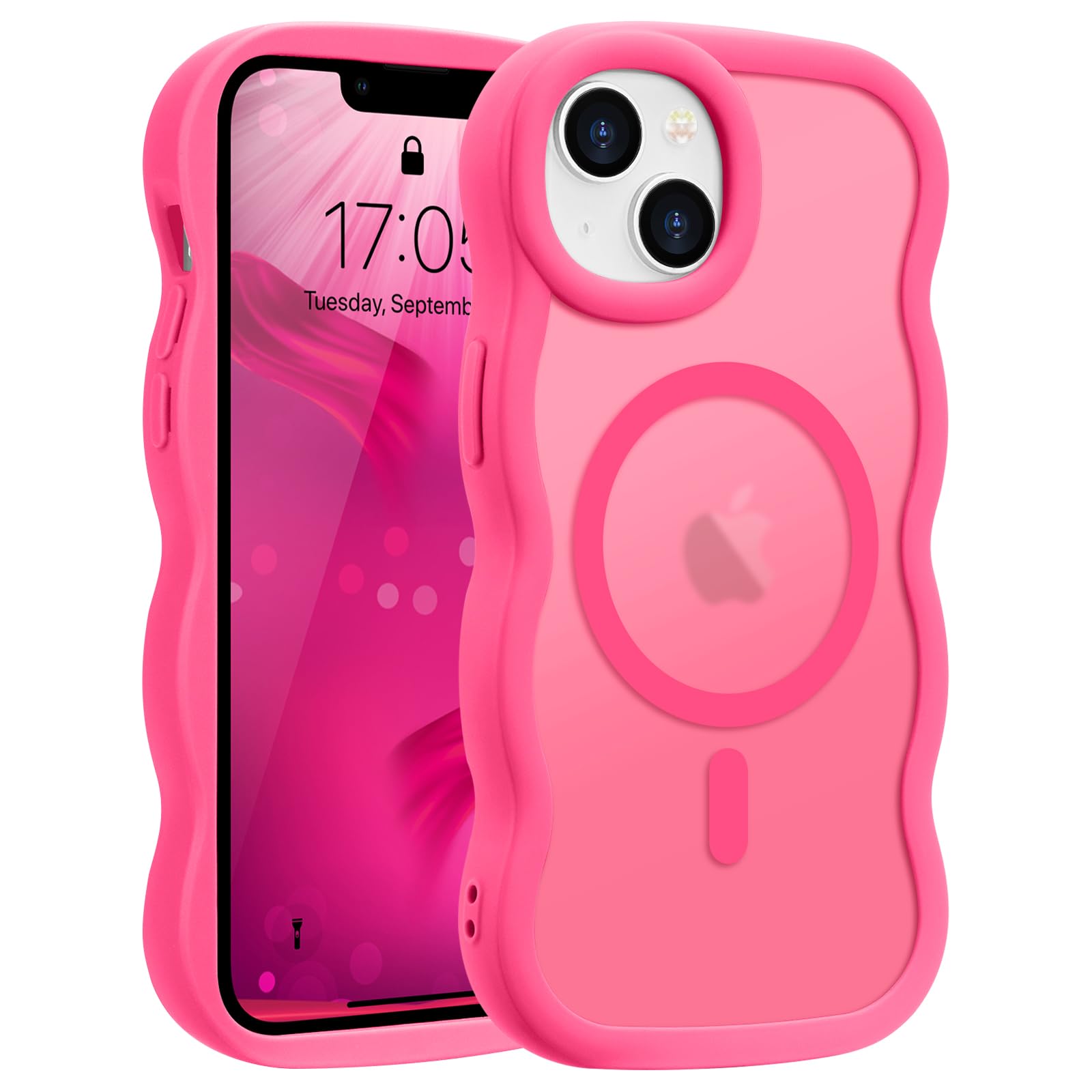 Pepmune for iPhone 14/15 Plus Case, Curly Wave Frame Hard Translucent Clear Cover for Women Men Compatible with Magsafe TPU Shockproof Protective Phone Case for iPhone 15/14 Plus, Hot Pink