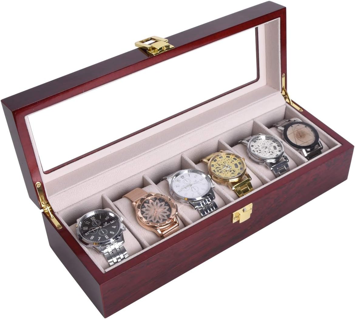 AUTOARK Wooden Watch Box 6 Slots Watch Display Storage Organizer Case with Glass Top Metal Lock,Cherry,AW-050
