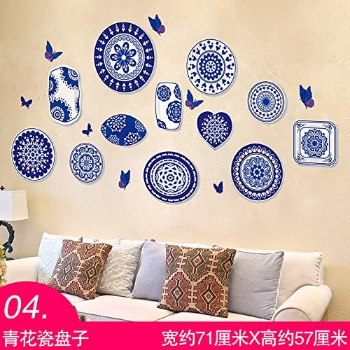 HCCY 3D Stereo Creative Restaurant Wall Sticker Living Room Sofa Background Wallpaper Decoration Removable Self-adhesive Wall Sticker, Blue and White Porcelain Plate